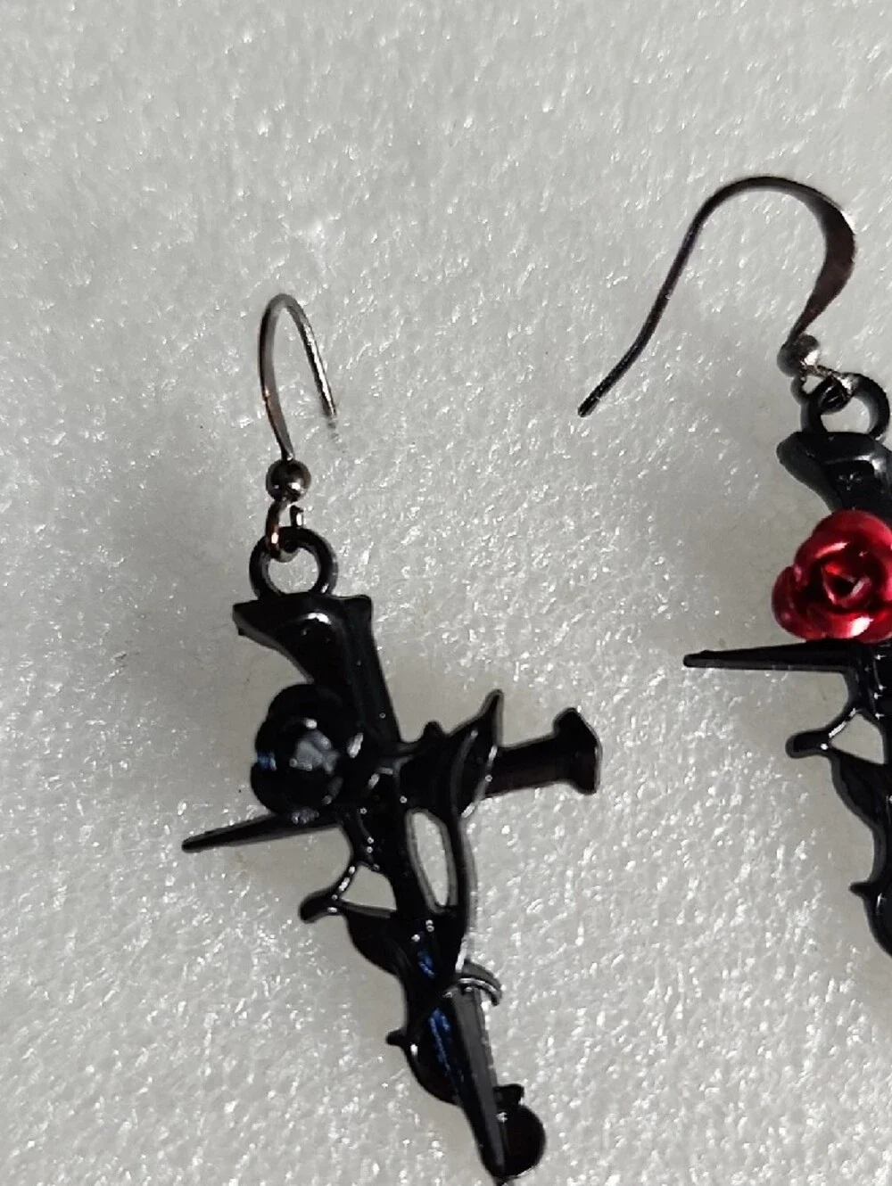Hand Crafted Black Cross Earrings with Red Rose Accent